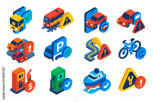 Transportation Alert Icons. Isometric vector illustration set Transportation app notifications: bus arrival alert, train delay