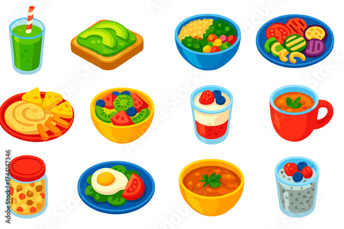 Isometric Healthy Foods. Isometric vector illustration set Healthy food: smoothie glass, avocado toast, quinoa bowl, grilled