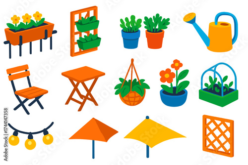 Isometric Balcony Garden. Isometric vector illustration set Balcony gardening: railing planter, vertical garden, herb pots,