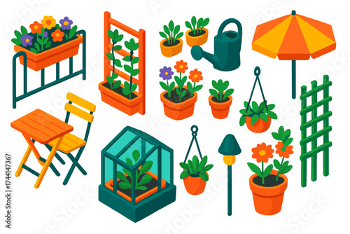 Isometric Balcony Garden. Isometric vector illustration set Balcony gardening: railing planter, vertical garden, herb pots,