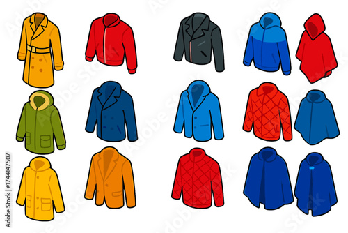 Colorful Outerwear Icons. Isometric vector illustration set Outerwear styles: trench coat, bomber jacket, leather jacket, denim