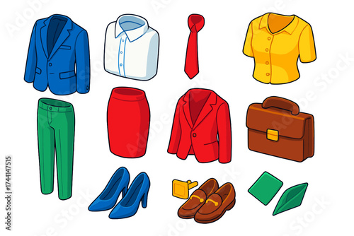 Bold Business Attire Icons. Isometric vector illustration set Business attire: suit jacket, dress shirt, tie, dress pants, pencil