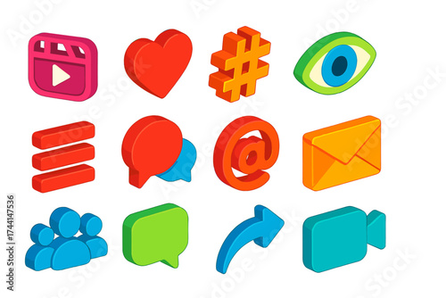 Bold Influencer Icons. Isometric vector icon set influencer tools: reels play, heart like, hashtag symbol, stories eye, forum menu