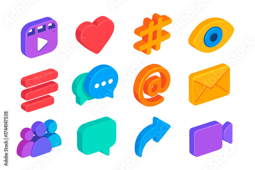 Bold Influencer Icons. Isometric vector icon set influencer tools: reels play, heart like, hashtag symbol, stories eye, forum menu