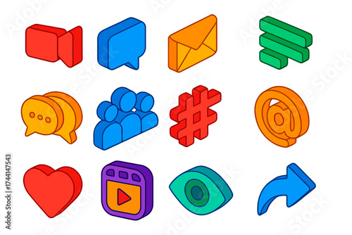Colorful Isometric Icon Set. Isometric vector icon set virtual meetings: video call camera, message bubble, email envelope, forum