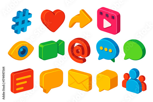 Bold Social Media Icons. Isometric vector icon set trending topics: hashtag symbol, heart like, share arrow, reels play, stories