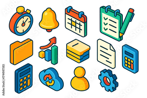 Time Management Icons. Isometric vector icon set time management: timer clock, reminder bell, calendar date, checklist, notepad