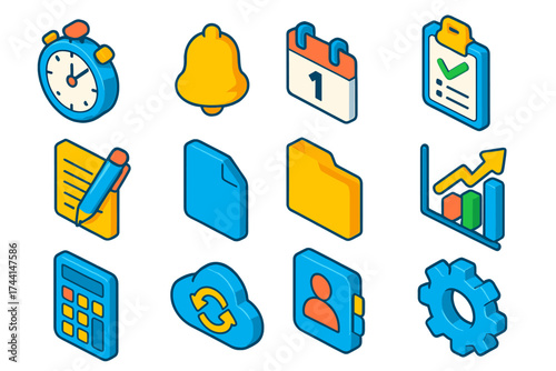 Time Management Icons. Isometric vector icon set time management: timer clock, reminder bell, calendar date, checklist, notepad