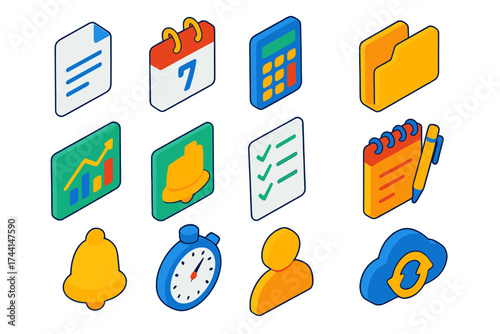 Corporate Icons Collection. Isometric vector icon set corporate planning: document file, calendar date, folder, graph chart,