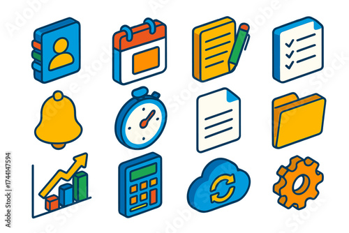 Colorful Organizer Icons. Isometric vector icon set personal organizer: contacts person, calendar date, notepad pen, checklist,