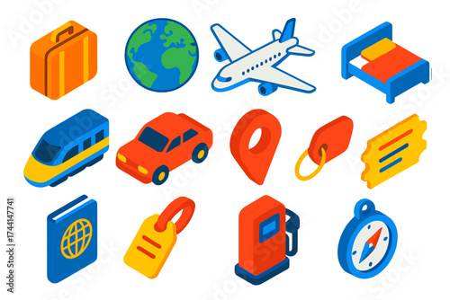 Vacation Travel Icons. Isometric vector icon set vacation travel: suitcase, world globe, airplane, hotel bed, train, car, map pin,