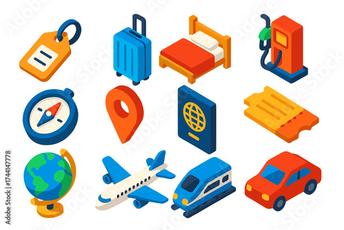 Travel Icon Set. Isometric vector icon set travel lifestyle: luggage tag, suitcase, hotel bed, gas pump, compass, map pin,