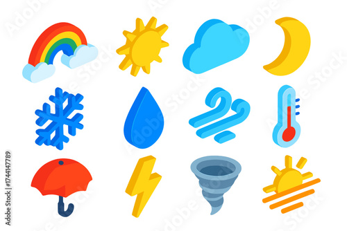 Vibrant Weather Icons. Isometric vector icon set nature climate: rainbow, sun, cloud, moon, snowflake, rain drop, wind,