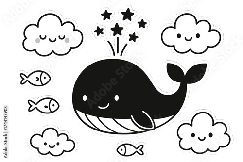 Whale and Starry Splash. Vector doodle stickers: whale spraying water shaped like stars, tiny fish friends, clouds with faces,