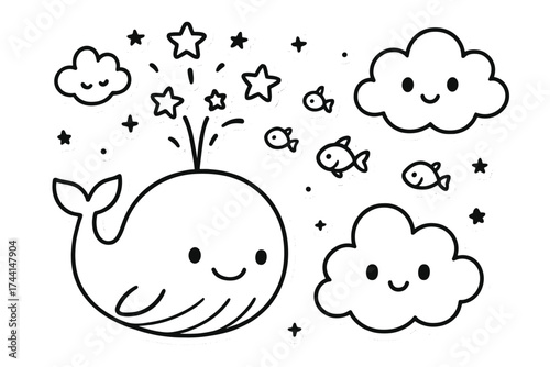 Whale and Starry Splash. Vector doodle stickers: whale spraying water shaped like stars, tiny fish friends, clouds with faces,