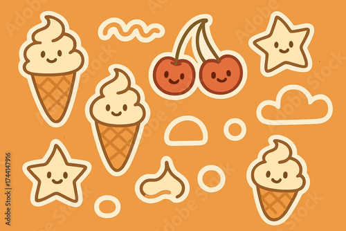 Smiling Sweet Treats. Tasty doodle stickers: ice cream cones smiling, cherries with eyes, whipped cream stars, simplified doodle