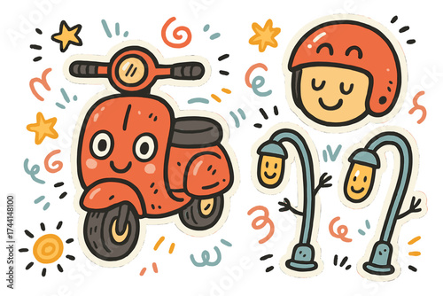 Whimsical Doodle Stickers. Whimsical doodle stickers: scooter with a face, helmet smiling, streetlights waving, playful doodle