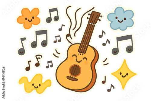 Melodic Doodle Stickers. Melodic doodle stickers: smiling guitar with dancing strings, tiny musical notes with faces, cheerful