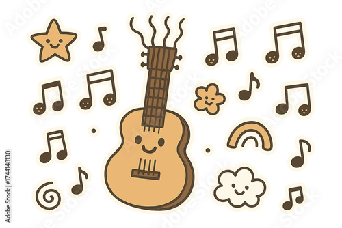 Melodic Doodle Stickers. Melodic doodle stickers: smiling guitar with dancing strings, tiny musical notes with faces, cheerful