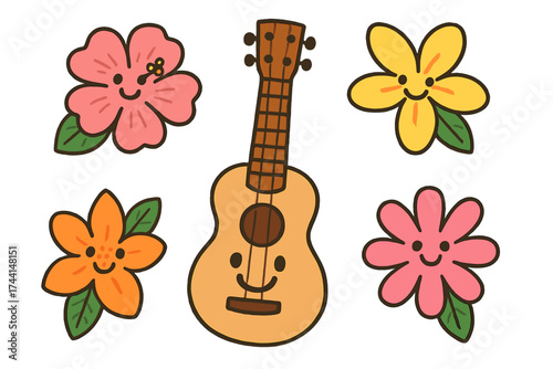 Cheerful Doodle Stickers. Delightful doodle stickers: ukulele with a big smile, tropical flowers with eyes, cheerful doodle style,