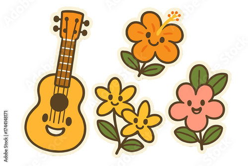 Cheerful Doodle Stickers. Delightful doodle stickers: ukulele with a big smile, tropical flowers with eyes, cheerful doodle style,