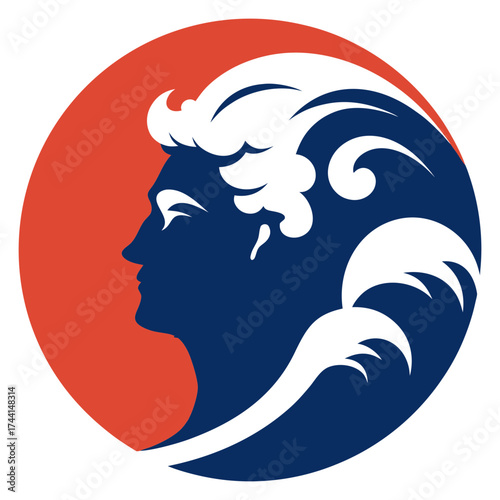 Silhouette vector art illustration of a wave next to a sailor's head