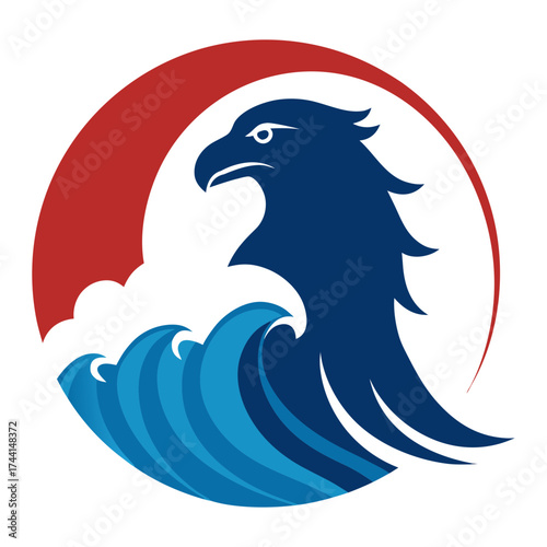 Eagle bird silhouette next to waves vector art illustration