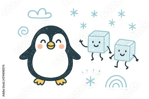 Cute Penguin Stickers. Lovely doodle stickers: penguin with a happy face, ice cubes jumping, tiny snowflakes waving, simplified