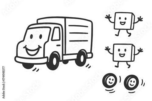 Smiling Truck Doodle. Funny doodle stickers: truck with a smiling face, tiny boxes waving, wheels jumping, simplified doodle style