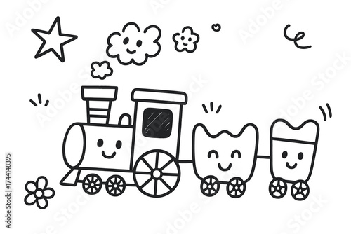 Smiling Train Doodle. Playful doodle stickers: train engine with a smiling face, wagons waving, tiny smoke clouds with eyes,