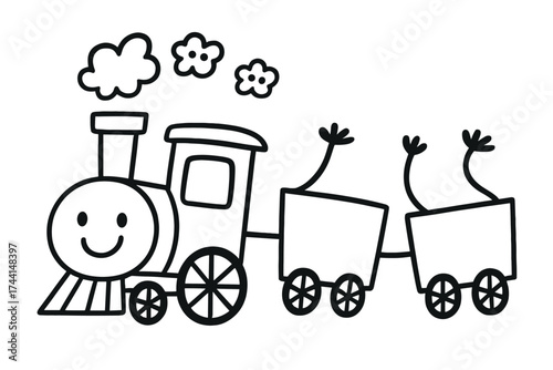 Smiling Train Doodle. Playful doodle stickers: train engine with a smiling face, wagons waving, tiny smoke clouds with eyes,