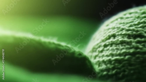 Close up of a green ball of yarn on a green surface with soft lighting