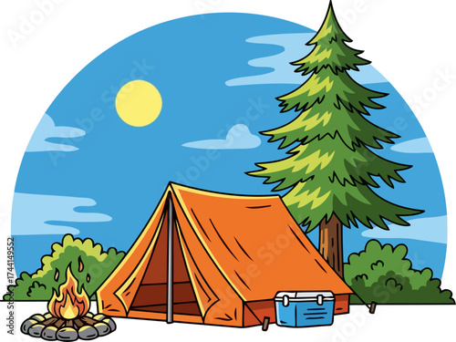 adventure awaits a bright cartoon camp setup for wilderness exploration and joy, isolated on transparent background