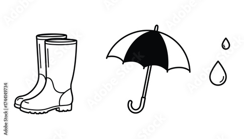 Rain Boots Umbrella And Raindrops