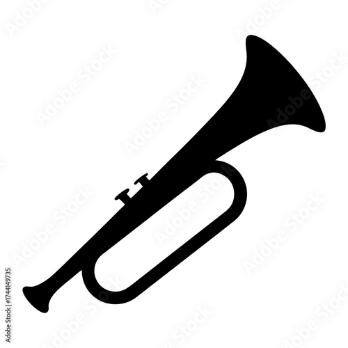 Illustration of a black bugle, a brass instrument used for military signals and fanfares, simple and elegant design