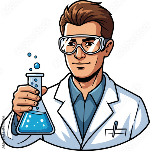 confident chemist holds bubbling flask, pioneering future scientific innovation, isolated on transparent background