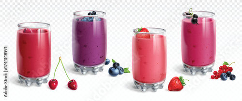 Berry smoothies in glasses. Healthy, vitamin-rich, detox drinks on a transparent background