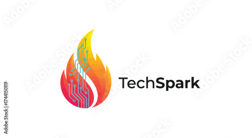 Techspark logo featuring a fire and circuit board vector design
