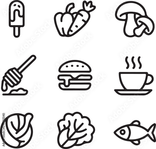 Set of Food Icons in Black and White Line Art Style