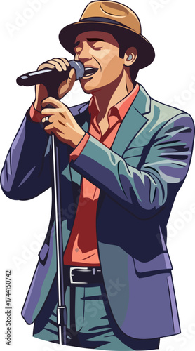 harmonic resonance dapper performer sings with deep emotion, captivating all listeners, isolated on transparent background