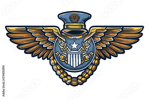 AI Image Illustration of an intricate pilot badge emblem with golden wings and celestial elements,