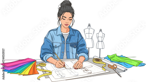 inspired creator woman sketches innovative fashion designs, bringing artistic vision to life, isolated on transparent background