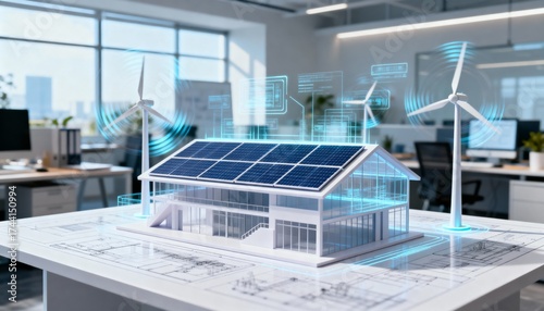 Sustainable tech innovation in business smart office with solar and wind energy solutions