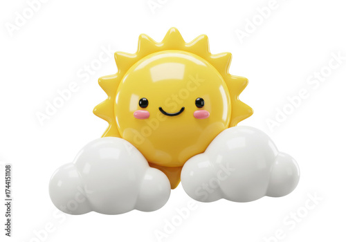 Smiling sun with clouds PNG isolated on transparent background, cute weather icon for kids designs and summer themes