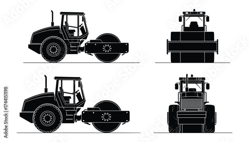 Road Roller Compactor Silhouettes Set, Multiple Angle Views