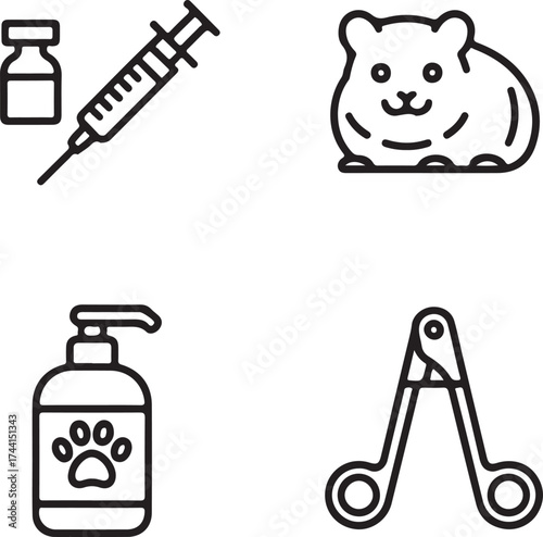 Veterinary Clinic Equipment and Pet Hamster Outline Icon Set