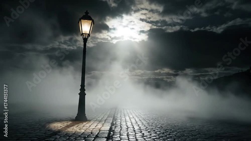 A solitary lamppost illuminates a cobblestone path shrouded in dense, atmospheric fog under a cloudy night sky.