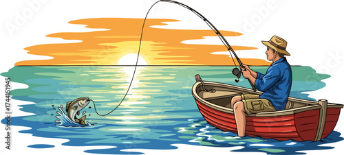 tranquil waters, thrilling catch solo fishermans sunset victory with leaping fish, isolated on transparent background