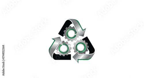Recycle symbol with gears inside, representing sustainable manufacturing, vector design