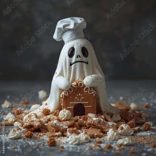 A sad or disappointed ghost figure wearing a chef's hat is seated amidst a pile of broken gingerbread and cookie crumbs, holding a small, crumbling gingerbread house.